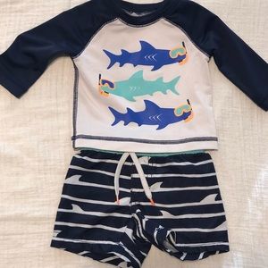 Old Navy shark swim trunks and rash guard